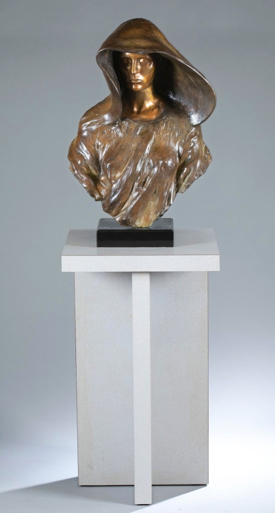 Standing 26½ inches tall, Frederick Hart’s “The Source” was a haunting cloaked bronze figural bust. The 2003 casting, numbered 31 from an edition of 40, sold for $13,970; according to AskArt, no other version of “The Source” has realized as much ($6/8,000).