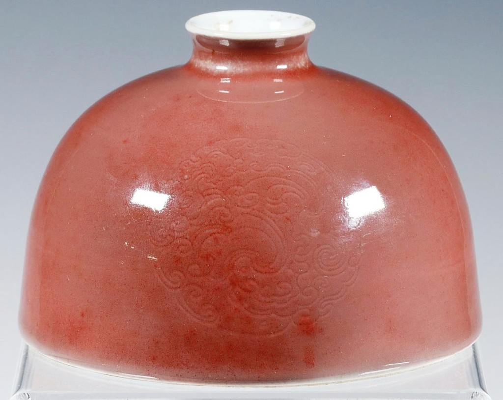 “We had so many bidders on that, we used all eight phones and bidders on all four online platforms,” Kaja Veilleux said of this Chinese peachbloom glazed porcelain beehive waterpot. An international buyer bidding online paid $111,150 for it ($500/700).