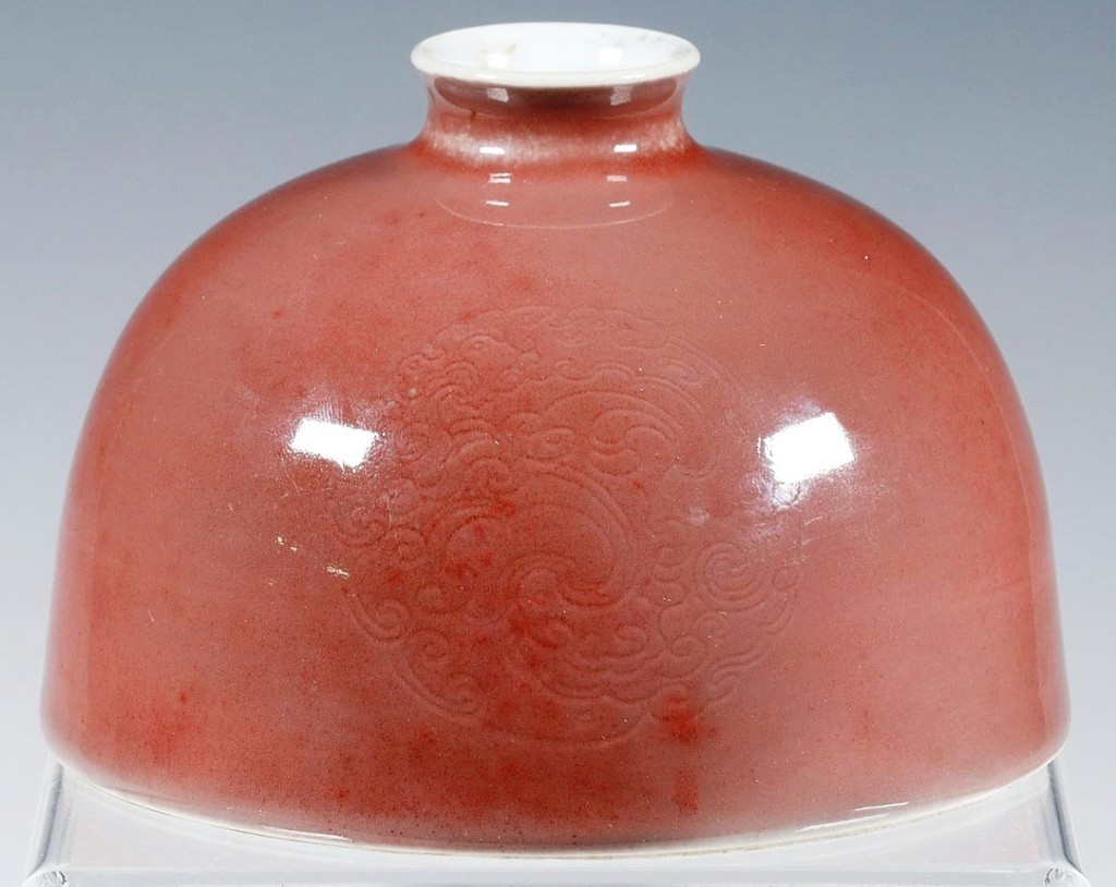 “We had so many bidders on that, we used all eight phones and bidders on all four online platforms,” Kaja Veilleux said of this Chinese peachbloom glazed porcelain beehive waterpot. An international buyer bidding online paid $111,150 for it ($500/700).