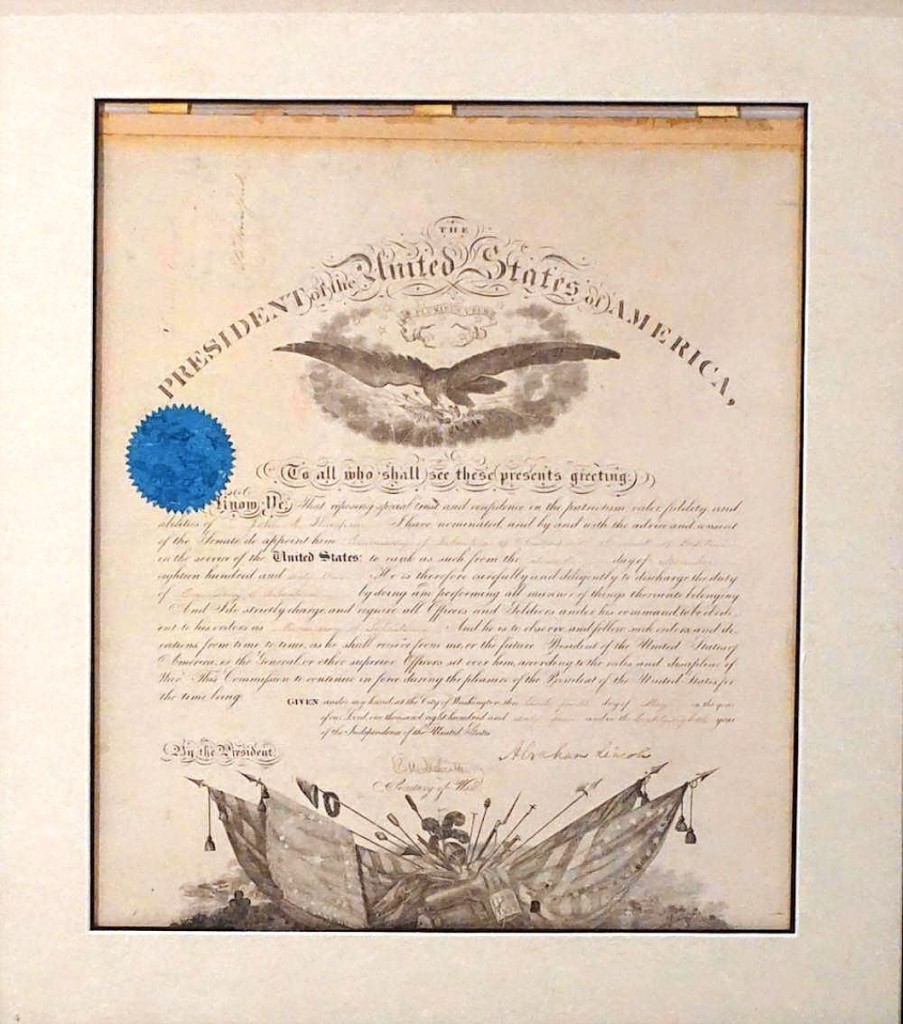 This Civil War-era military appointment on vellum was signed by Abraham Lincoln on May 24, 1864, and appointed John R. Thompson to the Commissary of Subsistence of Volunteers with the rank of Captain. A private collector pushed it to $5,280 ($1,5/2,000).