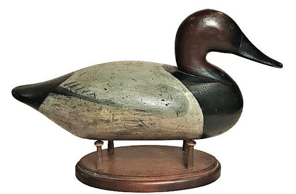 The highest priced decoy in the sale, finishing at $15,990, was this canvasback drake by James Holly, a Chesapeake Bay carver who died in 1935. In addition to carving decoys, Holly was a noted maker of small boats used by hunters, a skill he learned from his father.