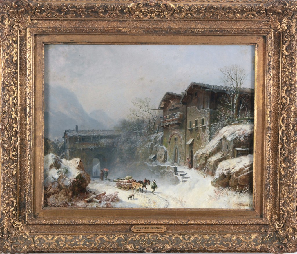 At $8,840, the highest priced lot of the day, was a busy winter landscape by German artist Heinrich Burkel. It was titled in German on the reverse, “View of Rattenberg.” The painting was bought by a bidder in Germany.