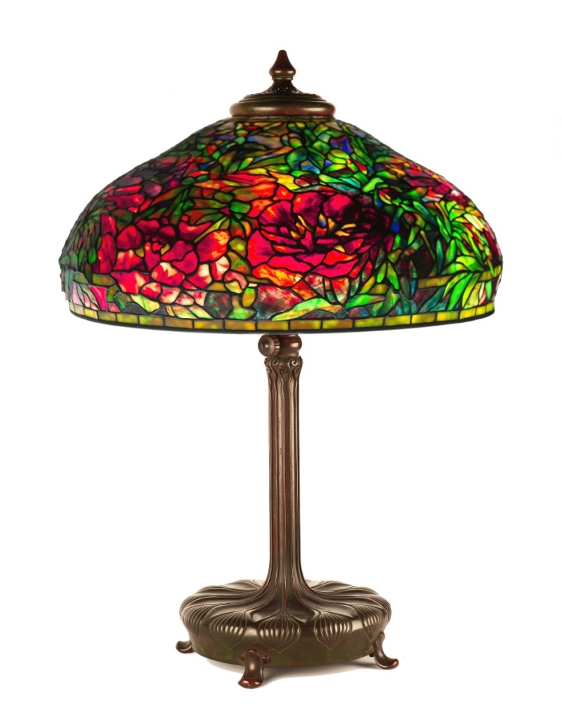 This rare Tiffany Studios New York “Elaborate” Peony table lamp captured the highest price among the many examples offered in the sale, finishing at $390,000.