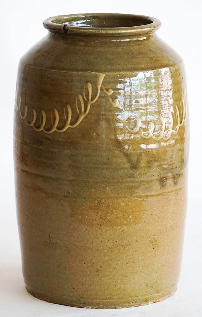 The market for Southern pottery is enjoying a moment right now and this stoneware storage or preserve jar, made by Thomas Chandler around 1850 in Edgefield, S.C., led the category. It had been recently discovered by an Aiken County, S.C., collector and sold to a private collector in Georgia for $2,400 ($2/4,000).