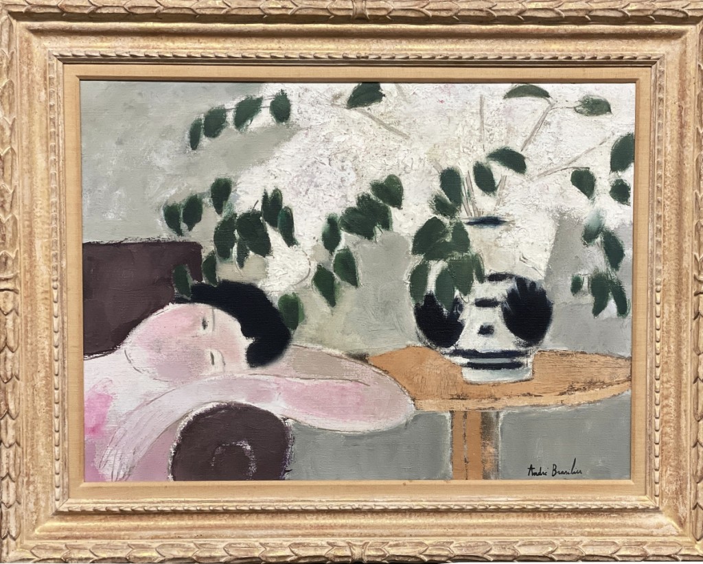 Top lot in the sale was an oil on canvas painting by Andre Brasilier (French, b 1929), “Le Bouquet Blanc,” which sold for $21,600, meeting its high estimate. The 21-by-29-inch composition of a white floral bouquet and pensive female figure had provenance to Findlay Gallery.