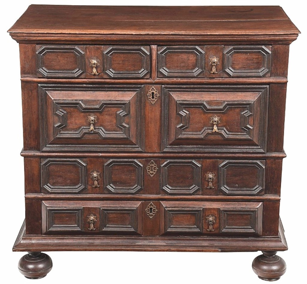 “It presented beautifully, and we had a good range of people chasing it,” Andrew Brunk said of the sale’s top-selling piece of furniture, this American Pilgrim Century chest that was made in Boston in the late Seventeenth Century and had descended in an old Maine family. It brought $86,100 from a private collector in the American South ($30/50,000).