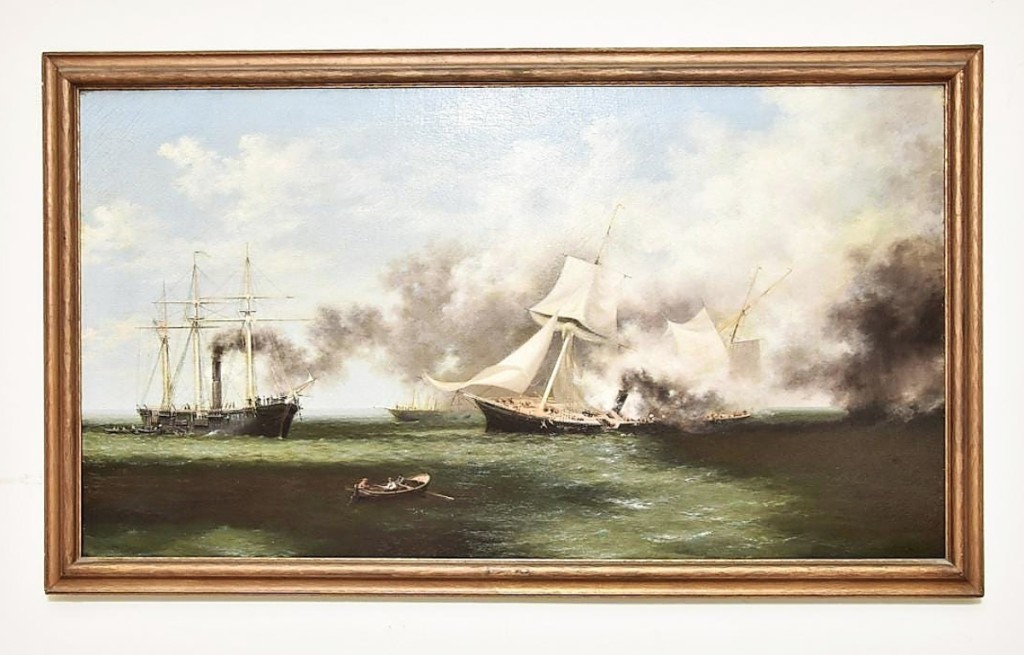Top lot in the sale was this 26-by-65½-inch oil on canvas by Xanthus Russell Smith (1839-1929) depicting the Civil War naval engagement between the Confederate raider cruiser CSS Alabama and the USS sloop of war Kearsarge with the rescue of the crew by the Deerhound. It reached $106,250 against a high estimate of $7,000 and was won by a private collector bidding by phone against heated competition from four other phone bidders.