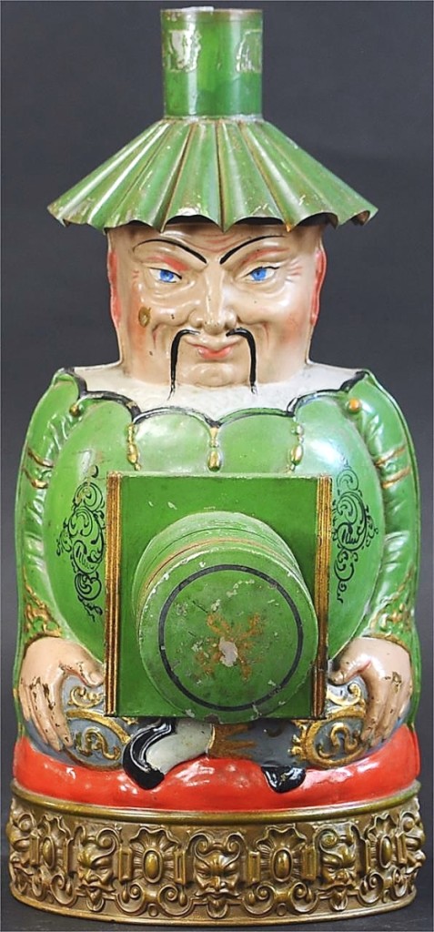 Bertoia said that bidders for this French magic lantern chased it for its aesthetic beauty and the example would go on to produce $45,600. It is variously referred to as “Chinaman” or “Buddha” and features hand painted work on a tin body with brass edged base border.