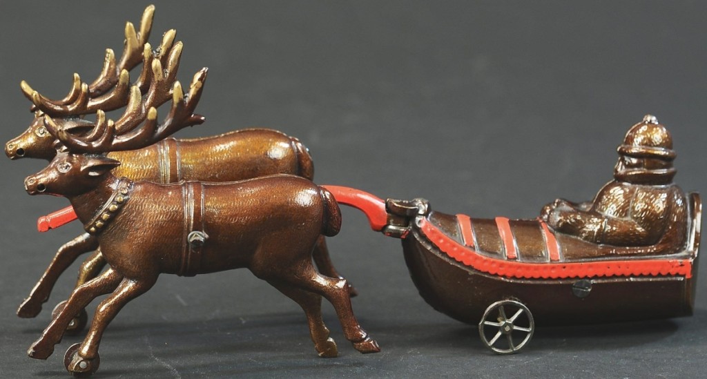 A private Pennsylvania collector snapped at the opportunity to own the only-known cast iron sledge with reindeer by Ives. The paint was immaculate and the auction house graded it in near mint condition. It brought $19,200.