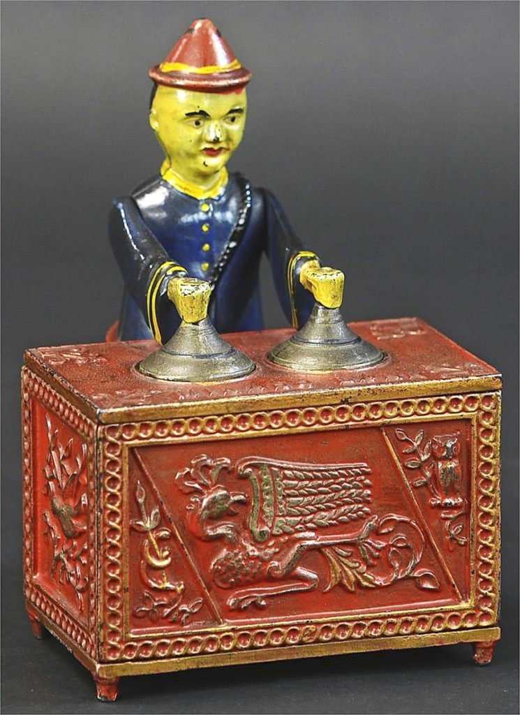 The sale was led at $288,000 by a Mikado mechanical bank, which sold to an American collector. An absentee bid came into the auction house for more than $200,000, but it was not enough to secure the coveted example. The result launches the bank into the top half dozen auction records for any mechanical bank ever sold. Kyser & Rex produced this example in the red table version and it is considered one of the best known.