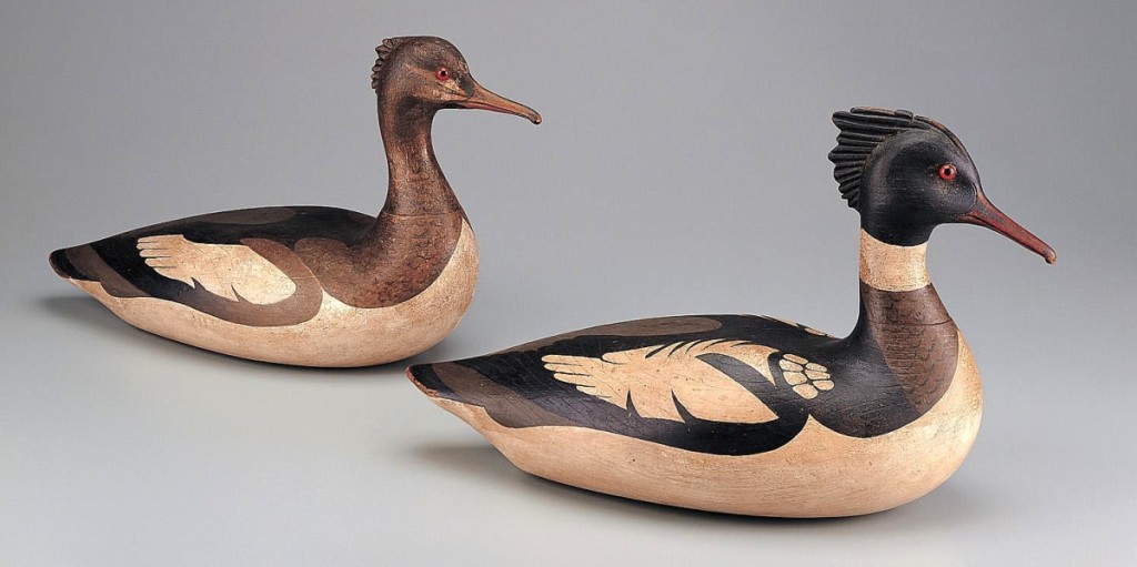 From the collection of the American Folk Art Museum, Lothrop T. Holmes (1824-1899), red-breasted merganser drake (foreground); red-breasted merganser hen (background), Kingston, Mass., 1860-70. Paint on wood with glass eyes, 9½ by 16 by 6 inches. Gift of Adele Earnest, 1994.