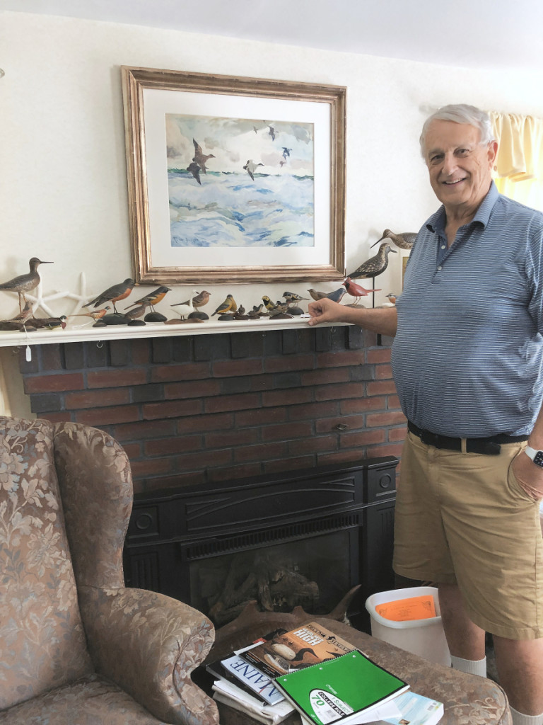 Ted Harmon in his living room. Some of his miniatures are on the mantel piece and the sporting painting above is a watercolor by Frank Benson. He said, “I’ve always wanted a Benson watercolor and now I have one.”