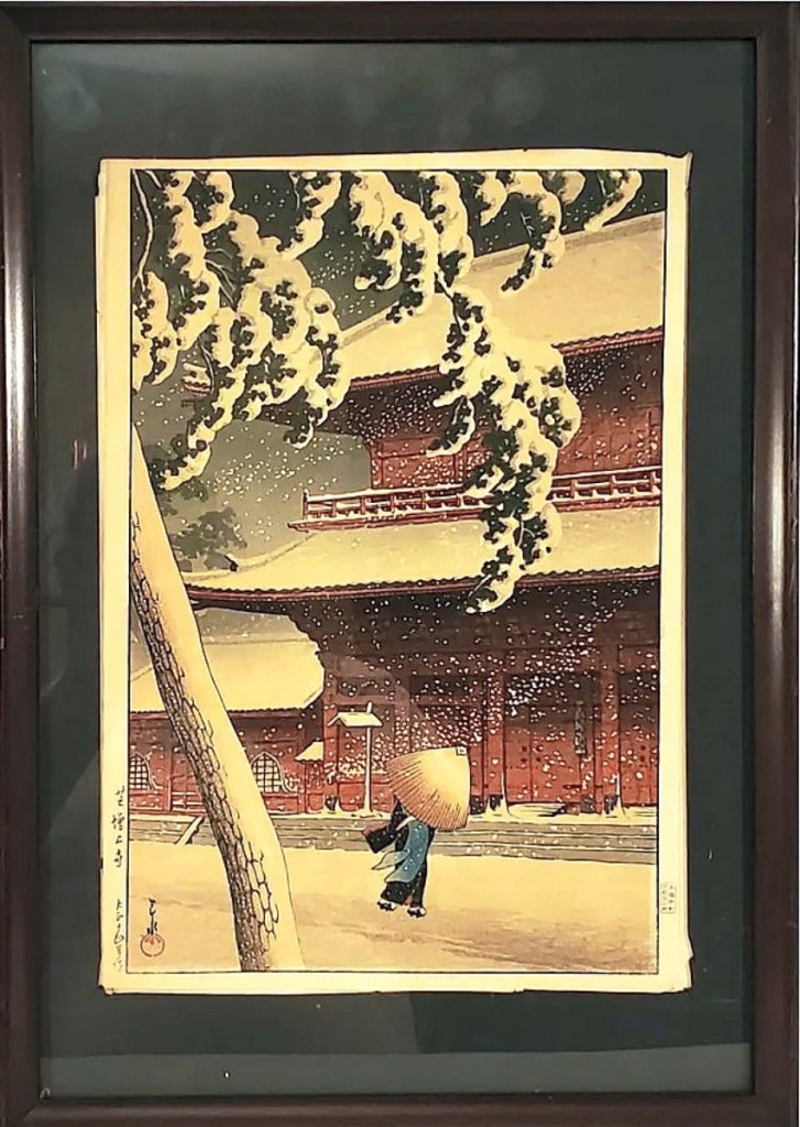 The top lot in the sale was Kawase Hasui’s color woodblock print of Zojo temple from 1925. An online bidder paid $10,440 for the framed 14¼-by-10-inch work from Hasui’s “Twenty Views of Tokyo” series.