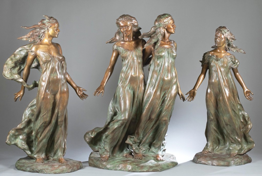 A Virginia collecting couple acquired Frederick Hart’s “Daughters of Odessa” from a gallery in San Francisco. The bronze figural groups, which ranged in height from 43 inches to 49½ inches, were from an edition of 60 and sold to an American private collector, bidding online, for $114,300. Matthew Quinn thought it was a new record for that particular casting ($50/70,000).