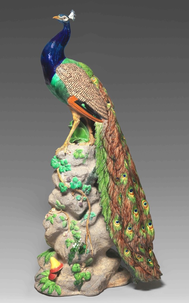 “Minton stretched the boundaries of ceramic production with life-size animals,” stated Weber. The peacock “makes eye contact with you. You just feel his presence.” Peacock designed by Paul Comoléra and manufactured by Minton & Co.; designed circa 1873, this example made 1876. Earthenware with majolica glazes, 59-  by 27½ by 17¼ inches. The English Collection. Photograph Bruce White.