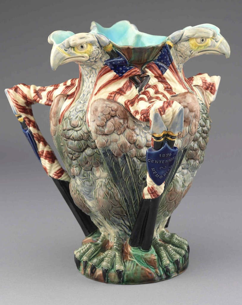 This object is stamped: “Manufactured By W.T. Copeland & Sons Solely For J.M. Shaw & Co. New York.” The firm, located in the town of Stoke-on-Trent in Staffordshire, made the model in both bone china and majolica. Centennial Memorial vase by W.T. Copeland & Sons, circa 1876. Earthenware with majolica glazes, 9¾ inches high. Joan Stacke Graham. Photograph Bruce White.