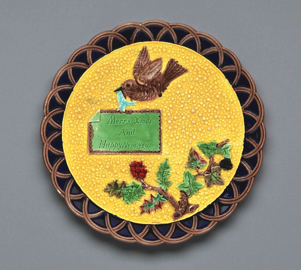 The Trenton, N.J., factory copied one of its favorite motifs, a bird flying over a flowering plum branch, from the Staffordshire-based firm of Shorter & Boulton. “Merry Xmas And Happy New Year” plate by Eureka Pottery, 1883. Earthenware with majolica glazes, 9½ inches diameter. Private collection, ex collection Dr Howard Silby. Photograph Bruce White.