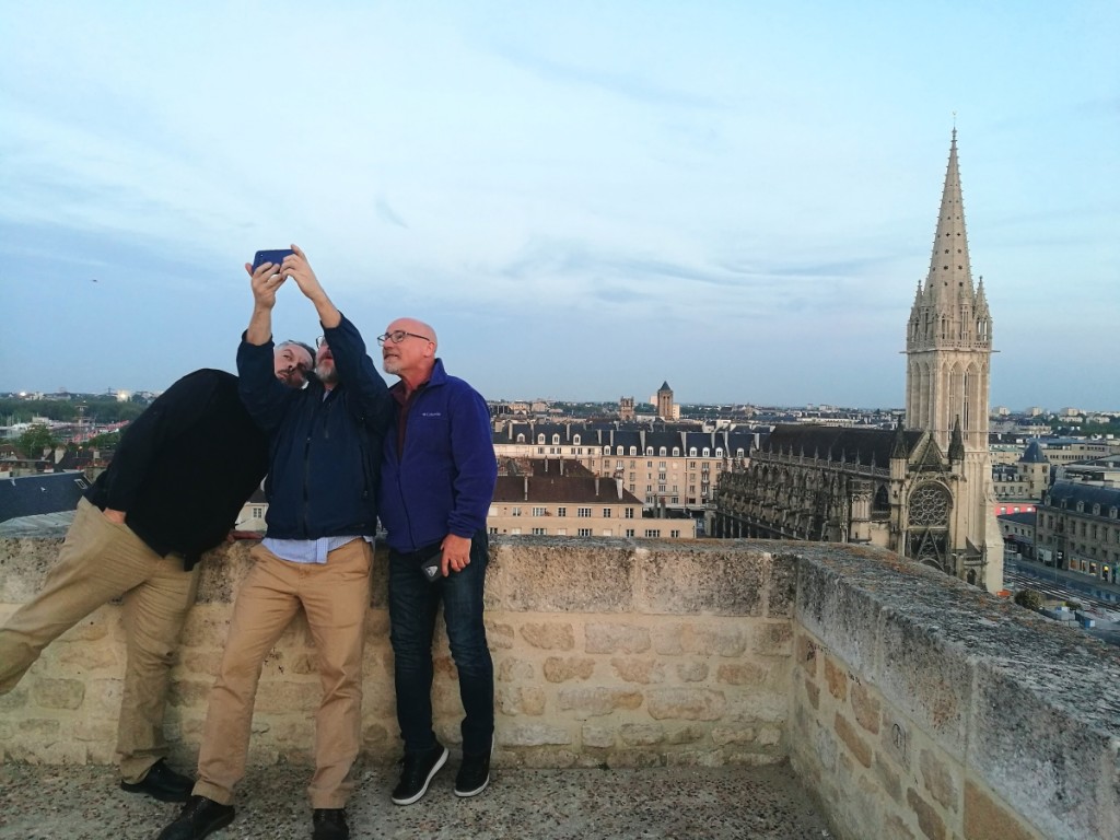 Post-Installation of the Norman Rockwell exhibition “Rockwell, Roosevelt & The Four Freedoms.” Said Mahoney, “A kind French local took this image of the team taking a selfie on June 4, 2019 and texted it to me the following day.”