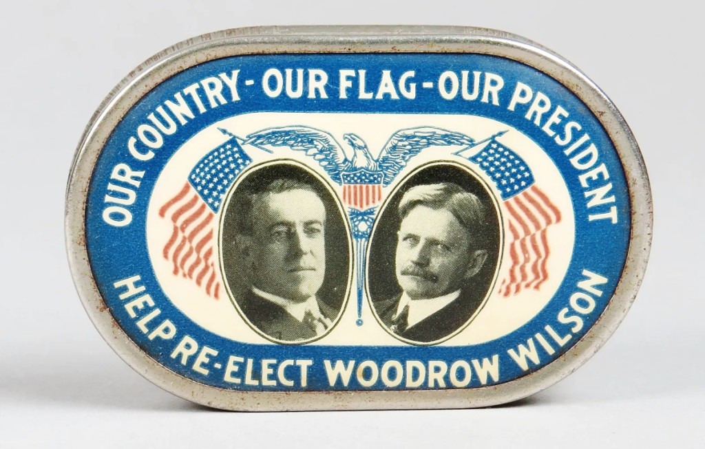 Celluloid pocket banks made up a chunk of the offerings in the auction and included this Woodrow Wilson example that brought $1,560. Peirce called it the nicest conditioned example of this bank that he had ever seen. Woodrow Wilson narrowly won reelection in 1916.