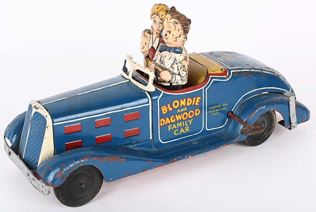 The top car in the sale set a record for any car by Marx as the Blondie and Dagwood Family Car prototype took $16,200. It would have set an auction record for any toy by Marx if not for the motorcycles in this sale. The car was modeled after the popular American cartoon Blondie. Handpainted, 14 inches long.