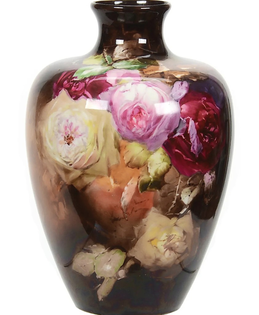 The sale’s top lot was Dominick Campana’s 14-inch high vase with fine rose decoration. Campana worked for Pickard only one year and this example, signed D. Campana, was reportedly from the 1930s when the artist had a studio in Texas. It sold for $6,500.