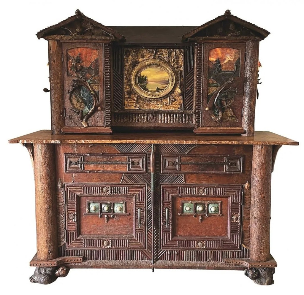 In the early 2000s, Barney Bellinger won Best in Show with “Sunset Cabin” at the Adirondack Experience museum’s artisan show. It is now the second highest record at auction for the contemporary maker. Ralph Kylloe featured it on two pages in his Adirondack Homebook and it sold for $49,800.
