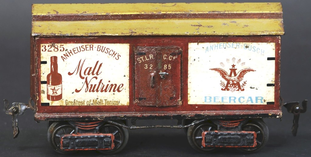 Anheuser-Busch’s Malt Nutrine was a prohibition-era two percent alcohol beer advertised as nonalcoholic to mothers who needed a restful sleep. It was also advertised to doctors, a practice that would now bring class action lawsuits and bankruptcy. Marklin’s beer cars are coveted for their crossover appeal between breweriana and model train collecting. The Malt Nutrine car was the second highest lot in the sale when it sold for $50,400.