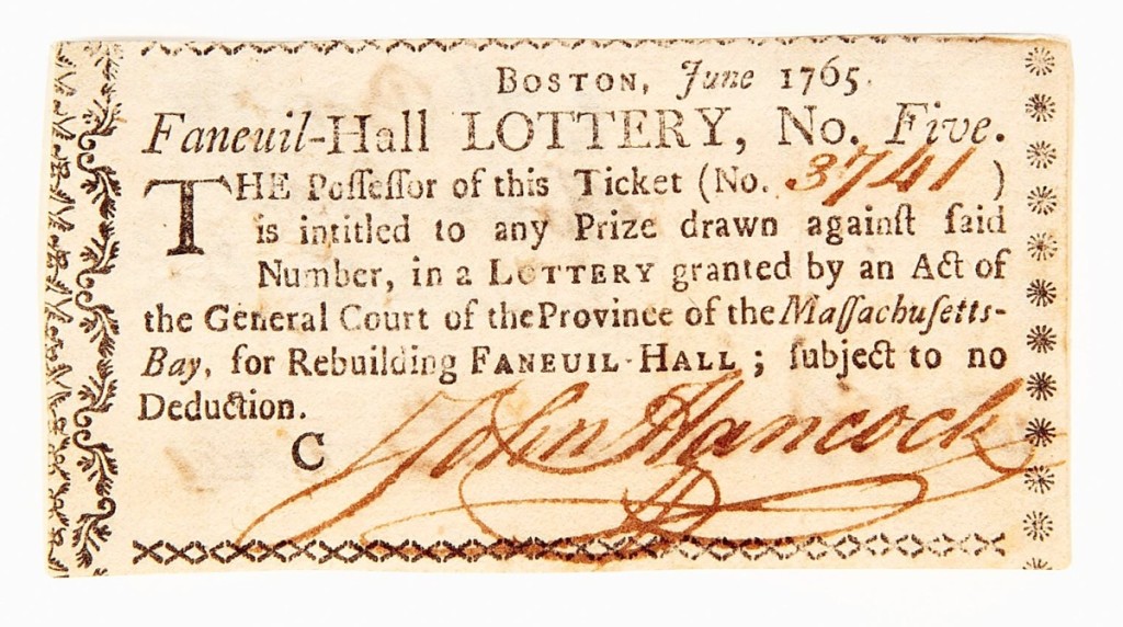 John Hancock signed this printed Faneuil-Hall lottery ticket in Boston in June of 1765. His bold signature lofted the ticket to $10,710.