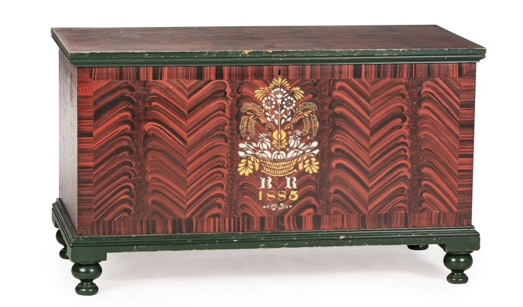 Brilliant original color distinguished this paint-decorated poplar blanket chest by Jacob Werrey (1838-1893), which was dated 1885, from Fulton County, Ohio. It had been in Wes Cowan’s private collection and had been exhibited in “A Tradition of Progress: Ohio Decorative Arts 1860-1945” in 2015. A collector from the Midwest paid $34,375 ($10/15,000).