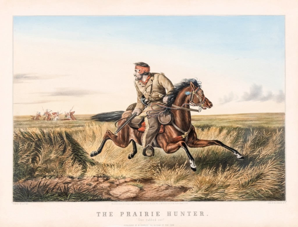 “The Prairie Hunter: One rubbed out!” by Arthur Fitzwilliam Tait (1819-1905), 1852. Lithograph, image size 14-1/16 by 20-11/16 inches. Although Tait never traveled farther west than Chicago, he created many of Currier & Ives’ most popular Western pictures. This image borrows from William Ranney’s painting “The Trapper’s Last Shot.”