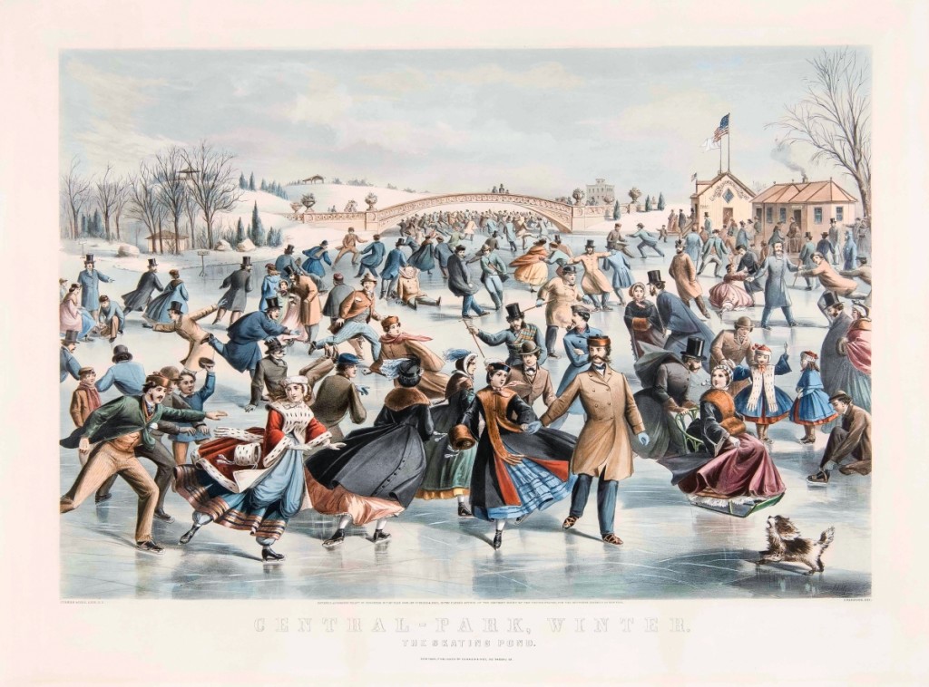 “Central-Park, Winter: The Skating Pond” by Charles Parsons, 1862. Lithograph, image size 18 by 26-  inches. New York City’s Central Park was a popular subject for Currier & Ives, which published more than a dozen images of leisure activities there.