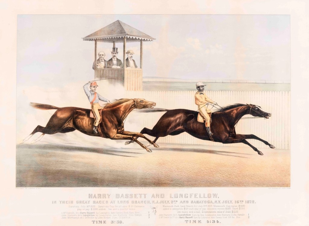 “Harry Bassett and Longfellow, in their Great Races at Long Branch, N.J. July, 2nd and Saratoga, N.Y. July, 16th 1872,” 1872. Lithograph, image size 16-  by 26¾ inches. Currier & Ives produced more than 750 prints related to horse-racing, indicative of the sport’s popularity in the Nineteenth Century. Longfellow, right, is ridden by the African American jockey John Sample.