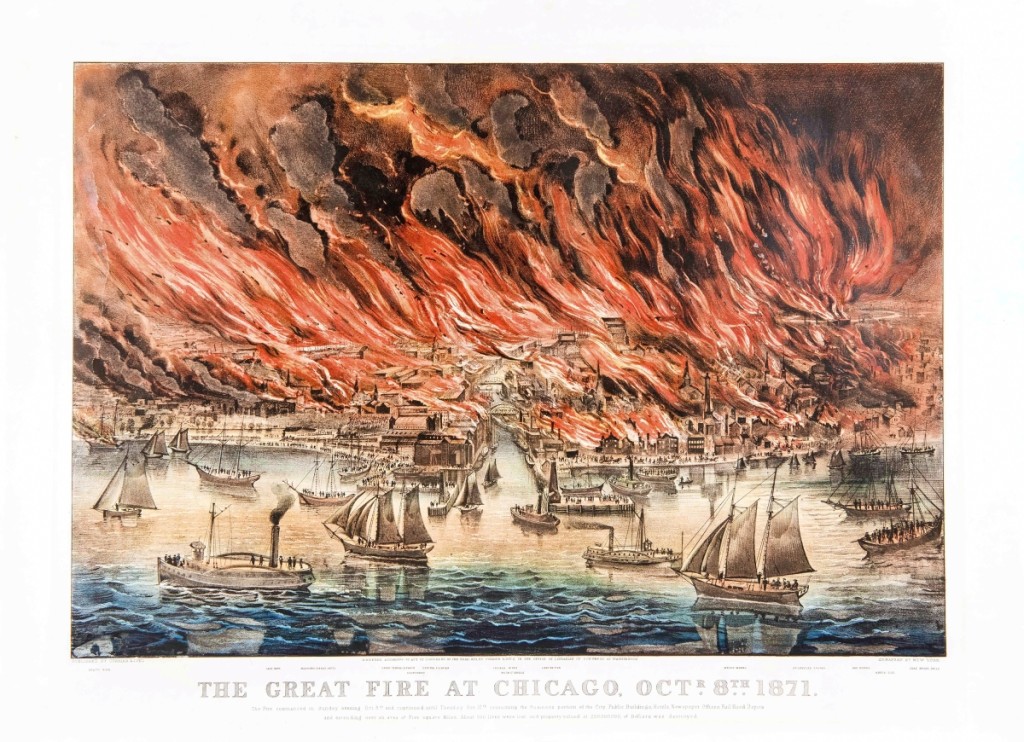 “The Great Fire at Chicago, Octr. 8th. 1871,” 1871. Lithograph, image size 17 by 25 inches. The Great Chicago Fire consumed over three-square miles of the city, killed roughly 300 people and left nearly 100,000 homeless. Popular lore placed the blame on the O’Leary family’s cow, said to have kicked a lantern over into a pile of hay.