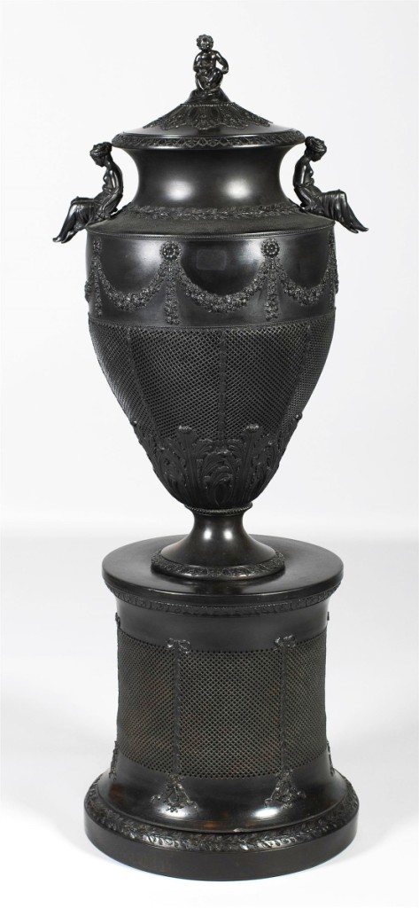 For rarity, it would beat this Wedgwood black basalt monumental vase and cover, on pedestal; the only other known example is at the Wedgwood Museum in England. An American buyer paid $24,130 ($12/18,000).