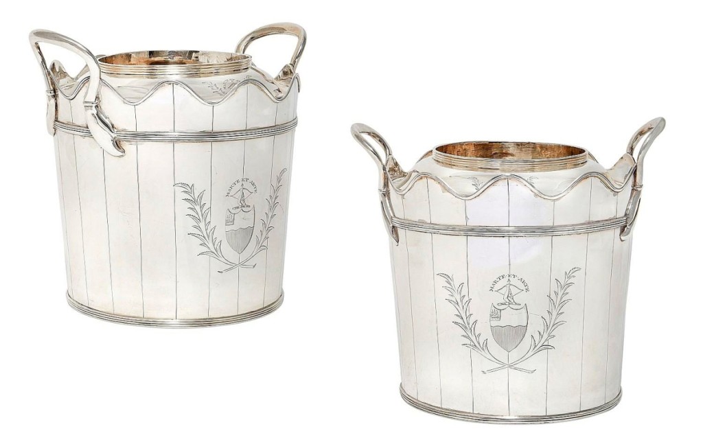 “Those were impressive and really chic,” Aileen Ward said of this pair of George III sterling silver wine coolers, made in London in 1798, that inspired competition on both sides of the pond. An American buyer topped them off at $37,500 ($10/15,000).