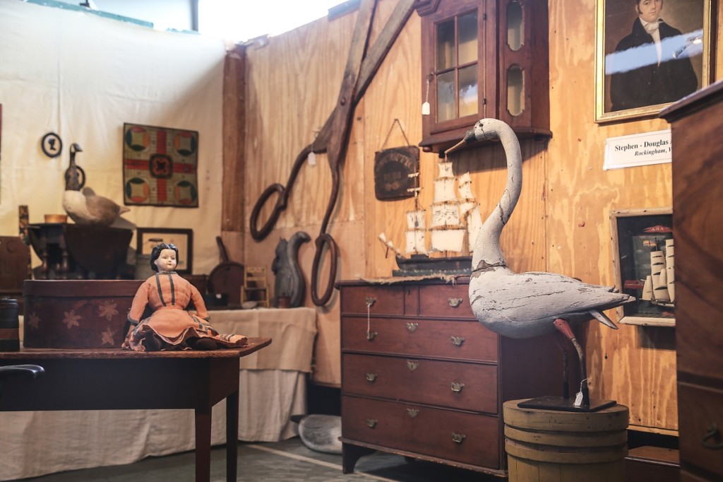 A fine swan decoy lured buyers into the booth of Stephen-Douglas Antiques, Rockingham, Vt. The dealers hosted a concurrent open house in their nearby Walpole, N.H., gallery and said the show at Okemo looked the best it has in years. —Antiques at the Icehouse