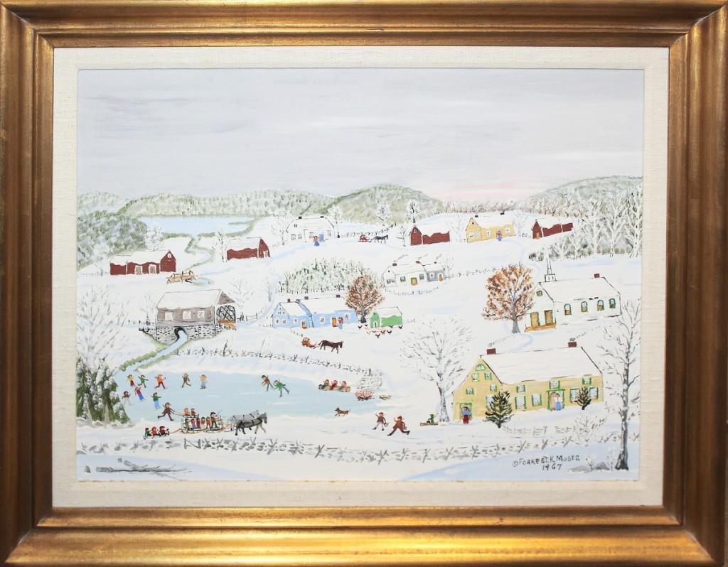 Painted in the style of Grandma Moses by her son Forrest, an oil on board depicting a winter scene sold for $3,450.