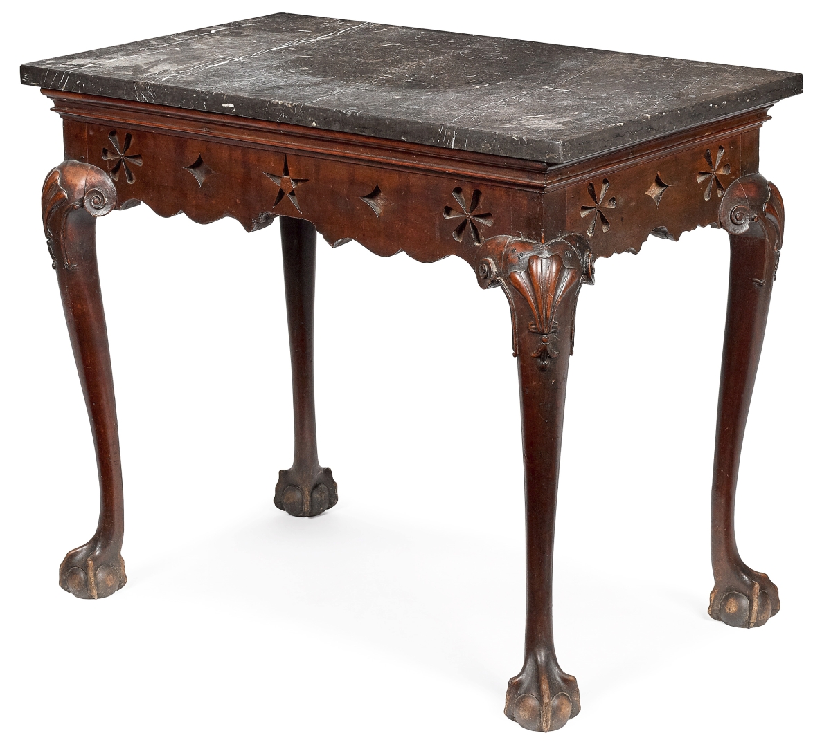 Despite a replaced marble top, repaired leg and replaced returns, this Chippendale cherry slab table soared to $54,120 from a trade buyer in the room. It was probably made in Massachusetts, circa 1760 ($8/12,000).