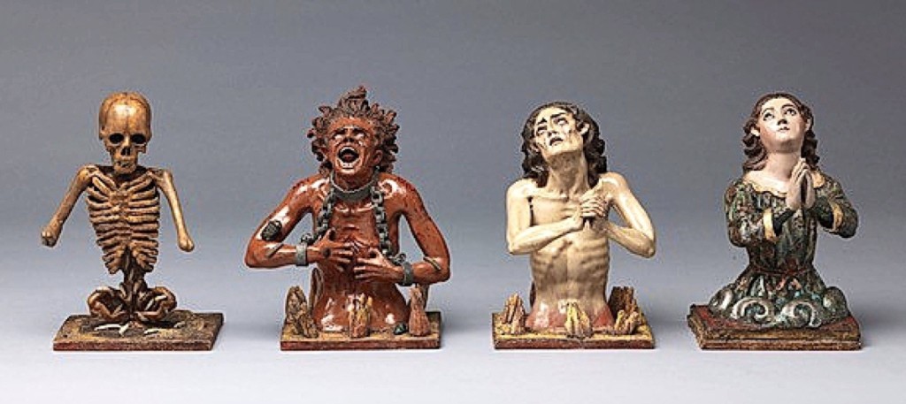 Attributed to Manuel Chili, known as Caspicara (Ecuador, circa 1723–Quito 1796), “The Four Fates of Man: Death; Soul in Heaven; Soul in Purgatory;   Soul in Hell,” circa 1775, polychromed wood, glass and metal.