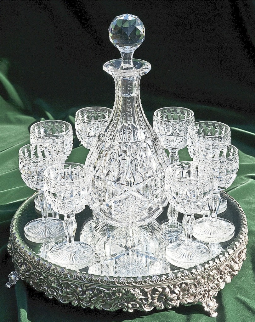 Decanter set in the Ellesmere pattern by Libbey Glass Company, circa 1900. Lead crystal.