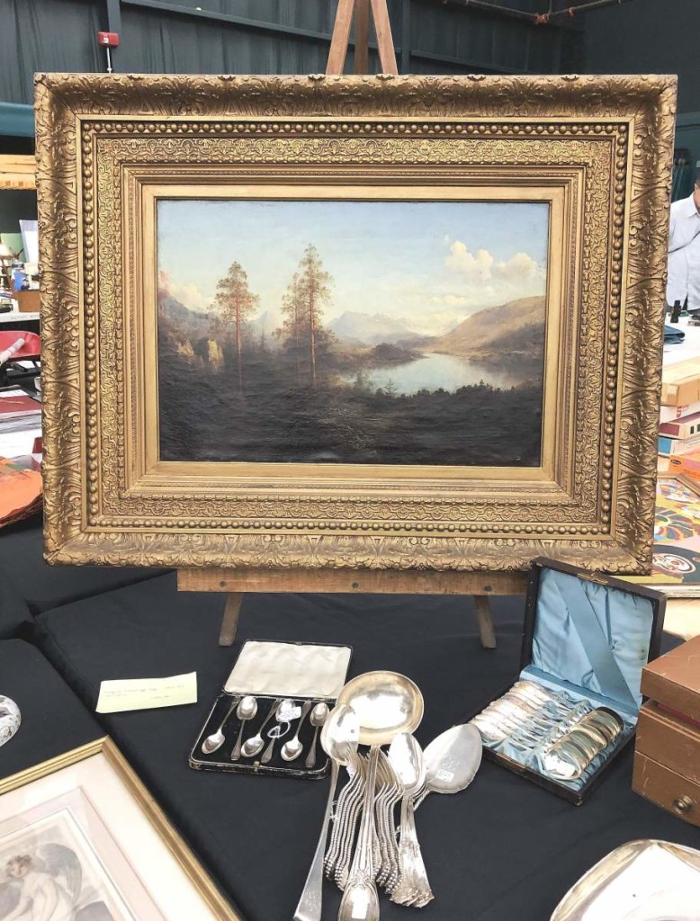Jeff Andrews, Salisbury, Vt., offered a relaxing landscape with mountains, a lake and clouds. It was done by Norwegian artist Magnus Thulstropp Bagge (1825-1894) and was priced $1,450.