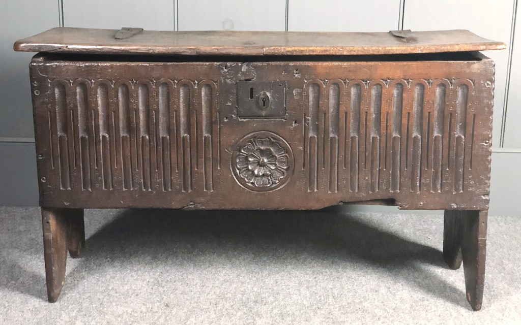 Conway, Mass., dealers Jan and John Maggs sold this late Tudor or early Jacobean boarded coffer at the show, dating it to 1600-20. It was one of a few pieces of small pieces of furniture they sold. It went to a buyer in Massachusetts.