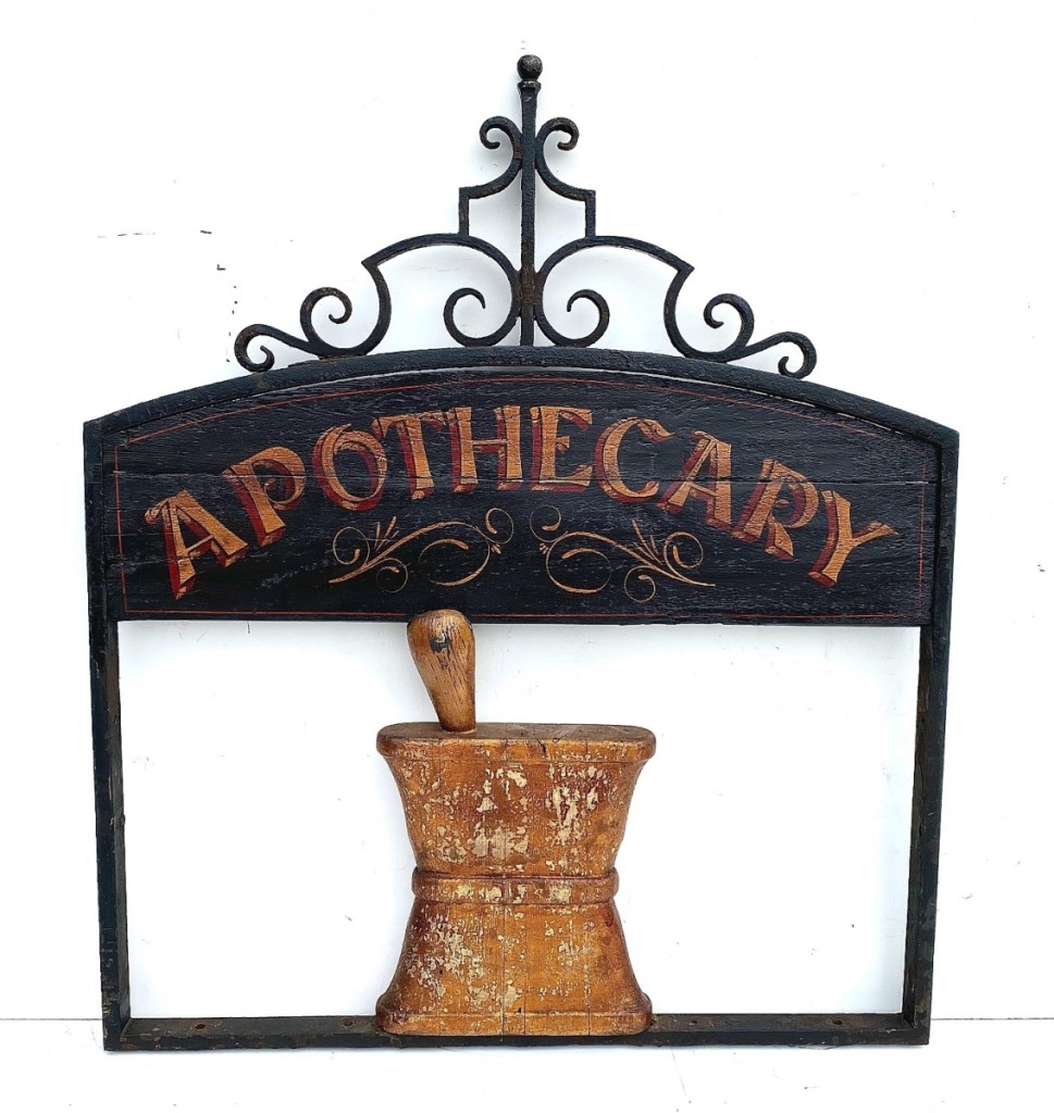 Joseph Lodge made several sales at the show, but this double-sided Nineteenth Century apothecary trade sign was still available for purchase; it is 42 inches tall, 36 inches wide and features vivid original paint and an exceptional iron frame. Lederach, Penn.
