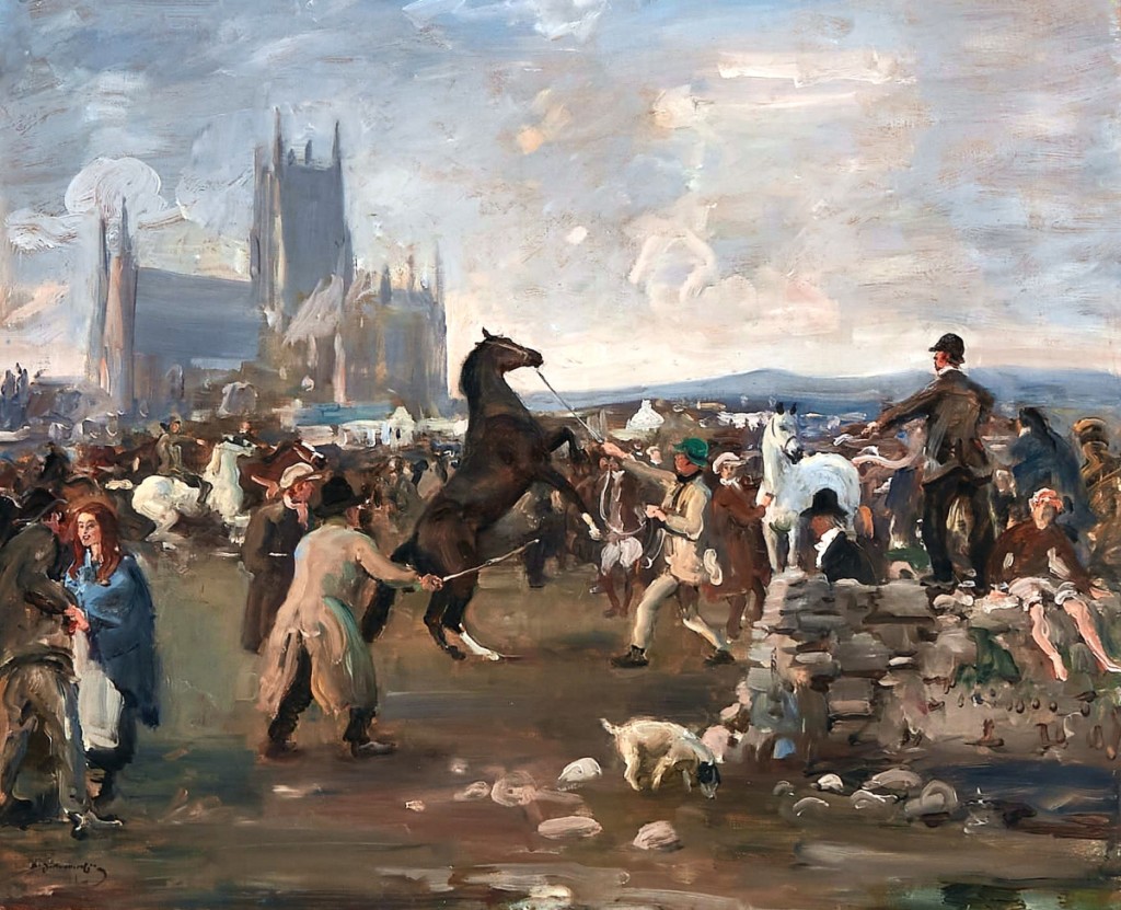 It was not fresh to the market or a recently discovered work but in the case of Sir Alfred Munning’s “The Kilkenny Horse Fair,” the exhibition and publication history of the work may have helped the 20-by-24-inch oil on canvas achieve the sale’s top price of $500,000 from a buyer in the United States, underbid in the US and UK ($200/300,000).