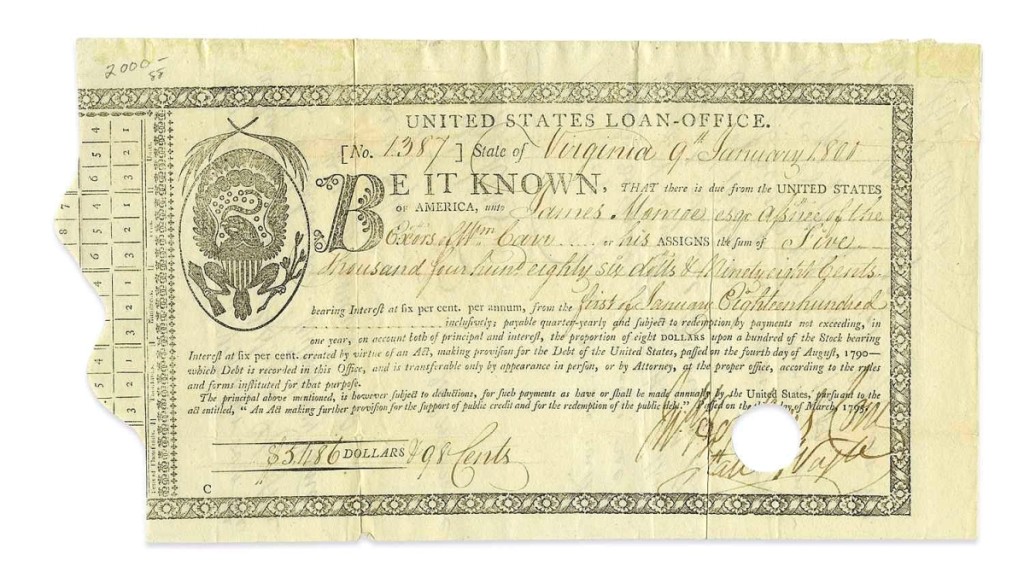 A presidential US Loan-Office certificate, signed by James Monroe in Virginia, January 9, 1800, leapt from a $500/800 estimate to $32,760 after an extensive bidding war, exceeding its high estimate by 40-fold.