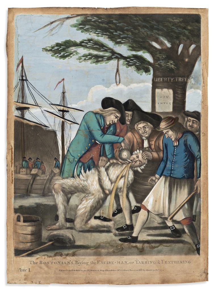 Fetching $50,000 against a $10/15,000 estimate was a 1774 hand colored mezzotint by Philip Dawe, “Bostonian’s Paying the Excise Man, or Tarring & Feathering,” which depicts a scene that occurred a month after the Boston Tea Party.