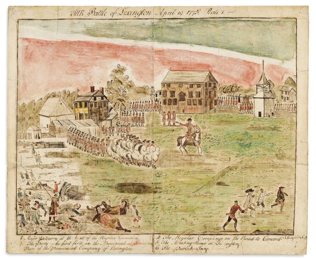 A set of four 1778 ink and watercolor drawings by St John Honeywood (1763-1798), depicting the Battles of Lexington and Concord, after the famous engravings by engraver Amos Doolittle, carried a high estimate of $75,000, but outperformed at $100,000.