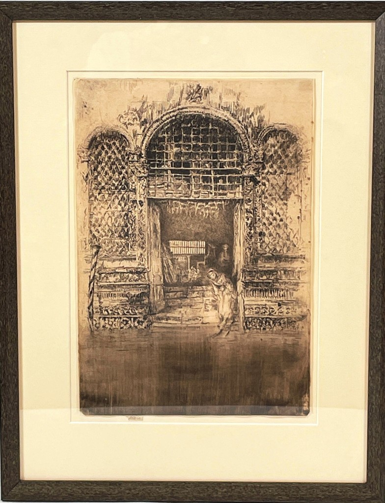 A pencil-signed James McNeill Whistler (18341903) print “The Doorway,” first state, 13 by 17 inches framed, property from the Bentley estate, earned $11,250 against a $3/6,000 estimate.