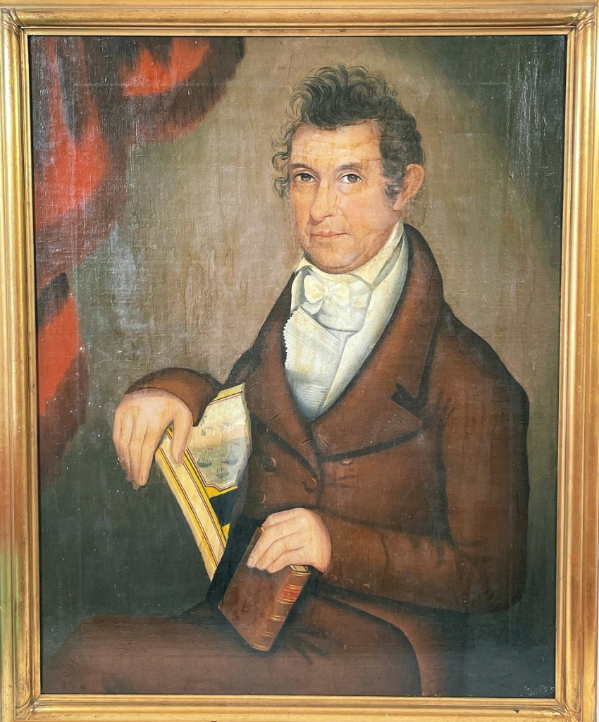 Leading the sale was a portrait by Ammi Phillips (1788-1865), a “Portrait of William Northrop Bentley.” From the Bentley estate, the painting brought $42,000 from David Schorsch, the Woodbury, Conn., dealer. Schorsch noted that the detail of Bentley depicted holding a book titled The Horrors of Slavery is “an extremely rare inclusion in any American portrait, folk or academic, and speaks to the degree that abolition played in this man’s identity and his life.”