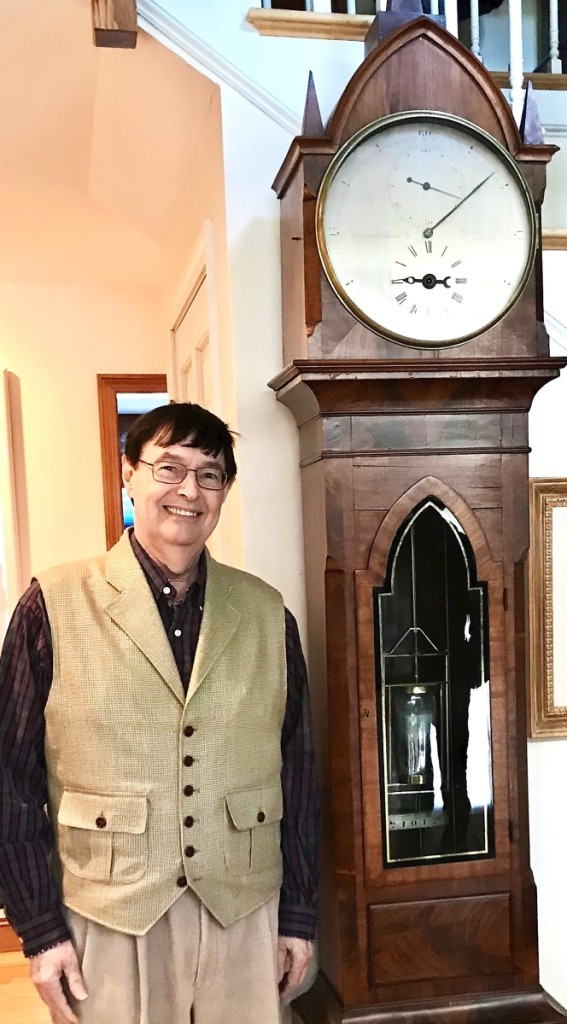 An outstanding example of David Newsom’s frequent generosity was his donation of a Simon Willard Jr (1795-1874) astronomical regulator to the Willard House & Clock Museum in Grafton, Mass. This extremely rare high-precision timepiece descended directly in the maker’s family, and we see it here with a rightfully smiling Newsom. Photo courtesy of Robert C. Cheney.
